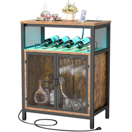 Unikito Wine Bar Cabinet with RGB Light and Outlet, FreeStanding Wine Rack Table, Liquor Cabinet with Glass Holder, Floor Bar Cabinet for Liquor and Glasses for Home Kitchen Dining Room