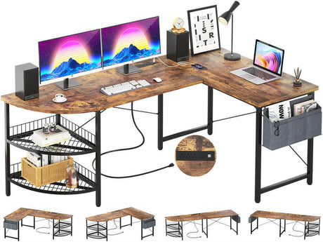Unikito L Shaped Desk with Power Outlet, 98.4" Reversible Corner Computer Table with Storage Shelves and Bag, Modern 2 Person Large Long Desk for Home Office Writing Study Workstation