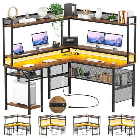 Unikito L-Shaped Desk with Power Outlet and LED Strip, 63” L Shaped Computer Corner Desk with Reversible File Drawer and Monitor Stand, Gaming Table Writing Desk for Home Office Workstation