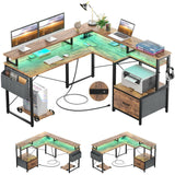 Unikito L Shaped Desk with Power Outlet and LED Strip, Reversible L Shaped Computer Desk with File Drawer, Corner Desk for Gaming Writing, Home Office Desk with Monitor Shelf