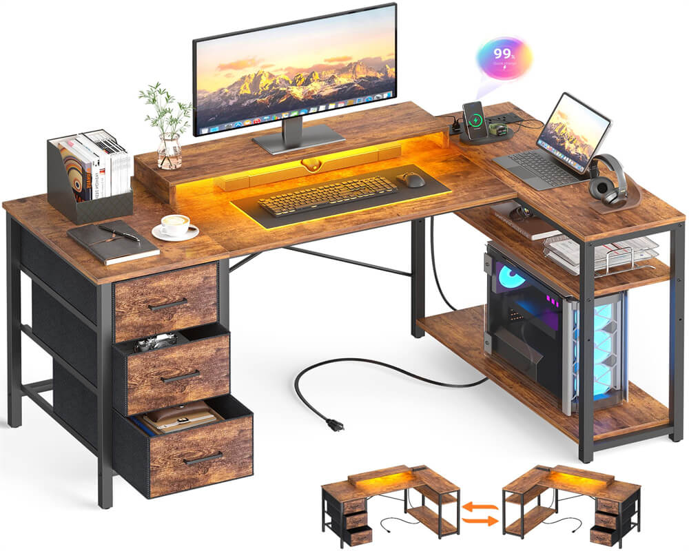 53 Inch L Shaped Computer Gaming Desk with Power Outlets & LED Lights, Corner Desk with 3 Fabric Drawers and Shelves, Reversible