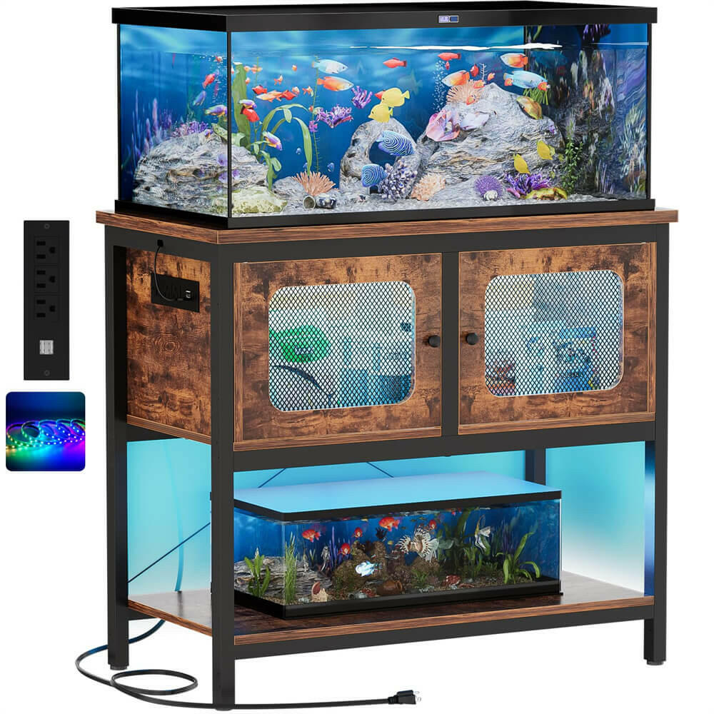 Unikito 40 Gallon Fish Tank Stand with LED Light and Outlet, Metal Aquarium Stand with Cabinet and Accessories Storage, Reptile Tank Turtle Terrariums Table Stand Hold 880LBS and 2 Aquariums