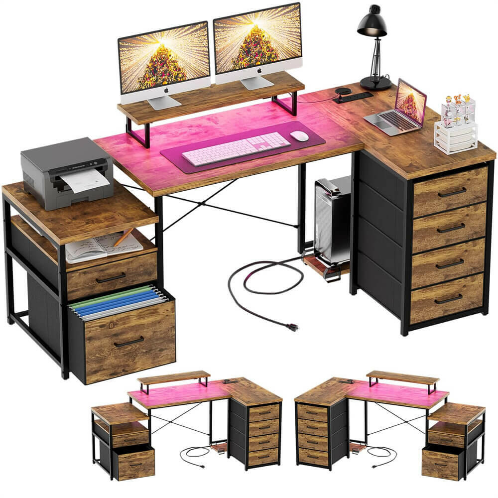 Unikito 70.8" Reversible L Shaped Computer Desk with Fabric File Drawers, Corner Desk with RGB LED Lights & Power Outlets & Monitor Stand, Large Gaming Desk for Home Office Workstation