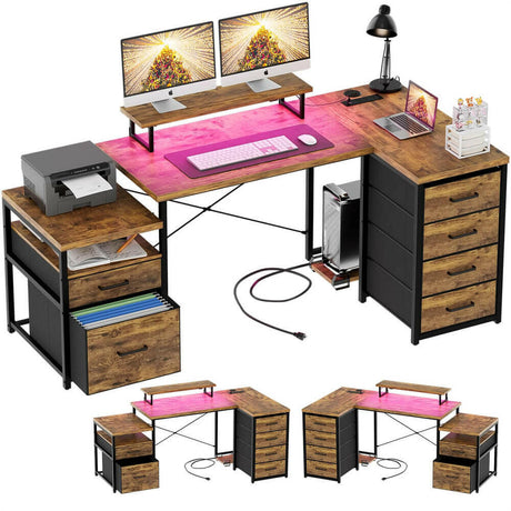 Unikito 70.8" Reversible L Shaped Computer Desk with Fabric File Drawers, Corner Desk with RGB LED Lights & Power Outlets & Monitor Stand, Large Gaming Desk for Home Office Workstation