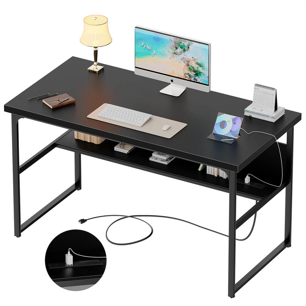 Unikito Computer Desk with Power Outlets, Executive Desk with Extra Thick Tabletop, Computer Office Desk Workstation with Bookshelf, Modern Simple Study Writing Table for Home Office