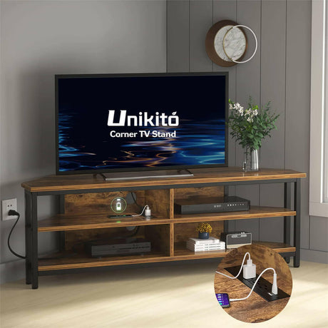 Unikito 55'' Corner TV Stand with Power Outlet, Corner Entertainment Center TV Console Table with 4 Open Storage Shelves, Metal Frame for Living Room, Bedroom, Industrial 60'' Corner TV Stand