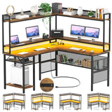 Unikito L Shaped Gaming Desk with Led Light, Reversible Computer Desk with Storage Shelves & Monitor Stand, L Shaped Desk with Power Outlet, Industrial 2 Person Corner Desk for Home Office