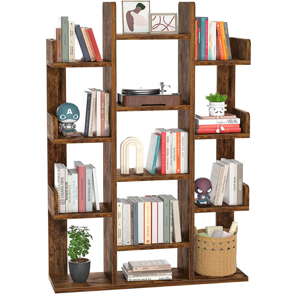 Tall Wooden Bookshelf, Tree-Shaped Bookcase Storage Shelf with 13 Compartments