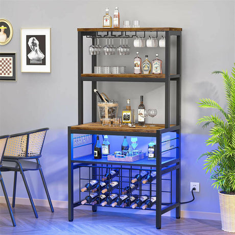 Unikito Wine Bar Cabinet with RGB LED Light and Outlet, FreeStanding Wine Rack Table, Floor Liquor Cabinet with Glass Holder, Floor Bar Cabinet with Wine Rack for Home Kitchen Dining Room