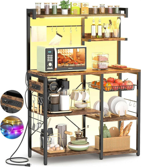 Unikito Bakers Rack with Power Outlet and LED Light Strings, Microwave Oven Stand Kitchen Storage Shelf with Wire Basket, Coffee Bar Station Island Table with 10 Hooks for Spices, Pots