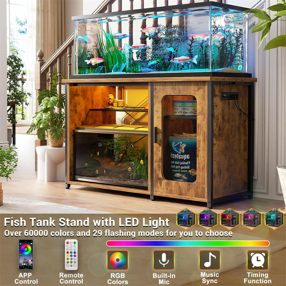 Unikito 55-75 Gallon Aquarium Stand with Power Outlets & LED Light, Reversible Fish Tank Stand with Cabinet for Fish Tank Accessories Storage, Heavy Duty Metal Frame, 880LBS Capacity