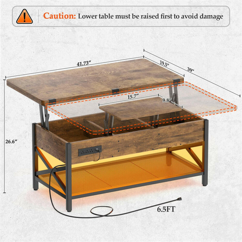 Unikito Coffee Table Lift Top Multi-Function Coffee Table Converts to Dining Table, with LED Light and Power Outlet, Center Table with Shelves for Living Room Reception Home Office