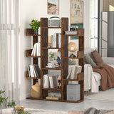 Tall Wooden Bookshelf, Tree-Shaped Bookcase Storage Shelf with 13 Compartments