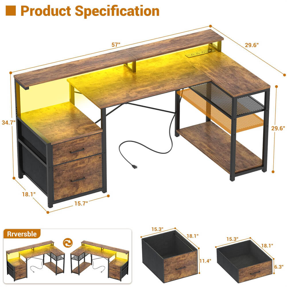 Reversible L Shaped Computer Desk Gaming Desk with File Drawer,  Power Outlet & LED Strip