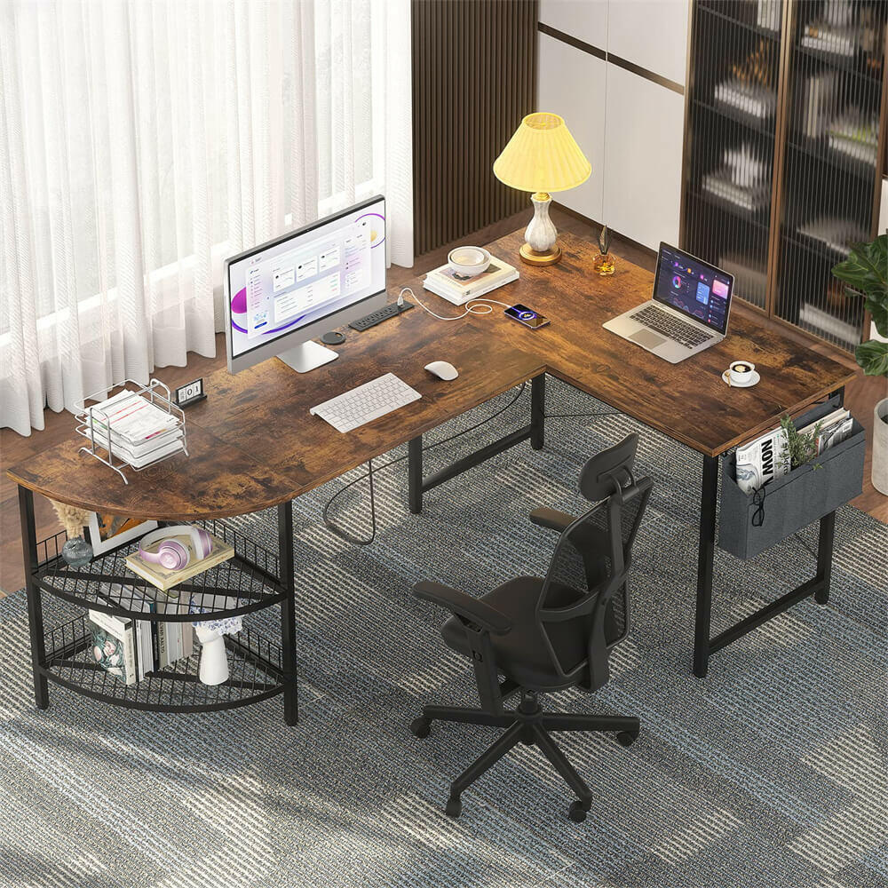 Unikito L Shaped Desk with Power Outlet, 98.4" Reversible Corner Computer Table with Storage Shelves and Bag, Modern 2 Person Large Long Desk for Home Office Writing Study Workstation