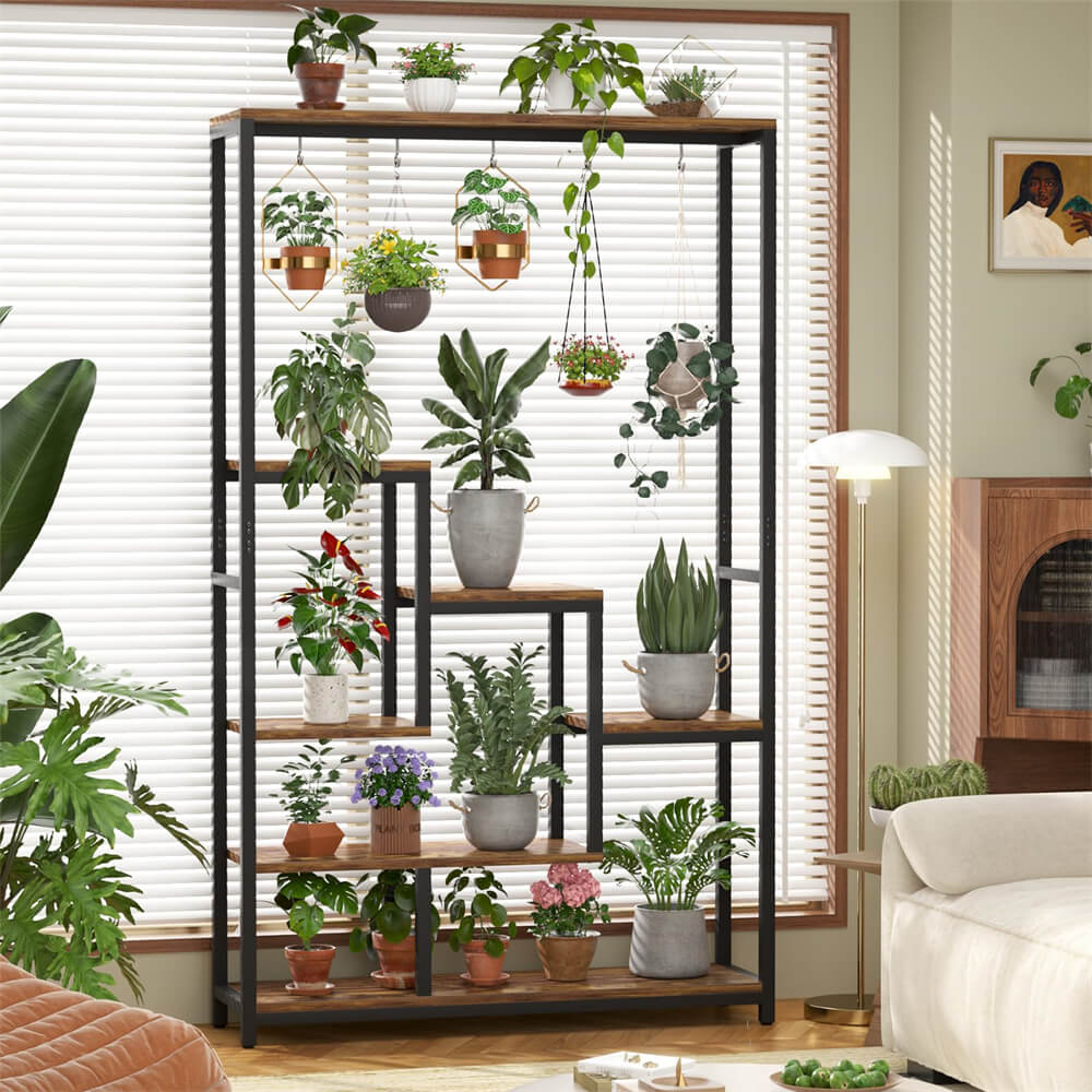 6-Tier Plant Stand with Grow Lights, Large Indoor Plant Holders Stand with Hanging Hooks