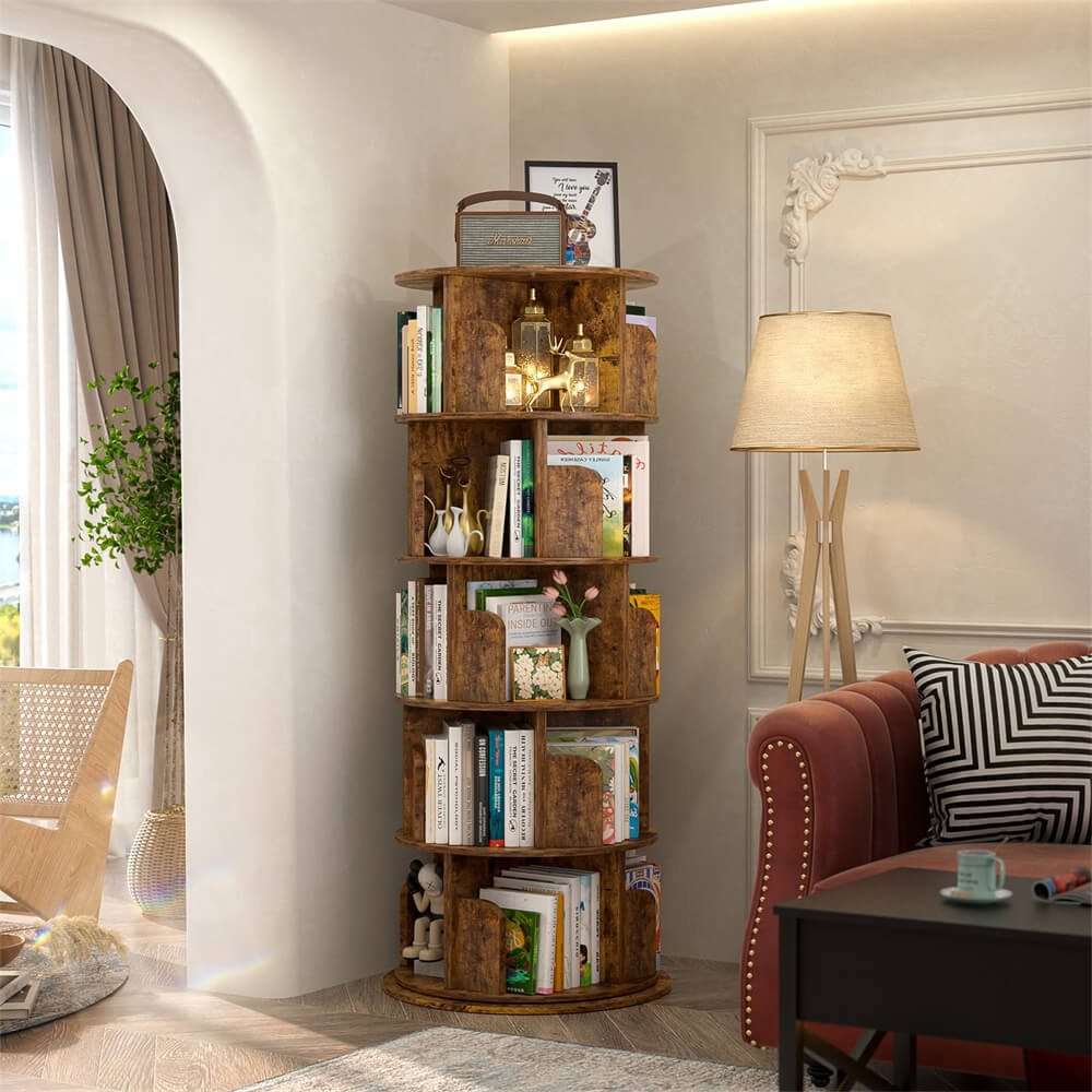 5-Tier Rotating Bookshelf, Wooden Spinning Bookshelf Tower, Suitable for Small Spaces Such as Bedroom, Stury Room