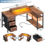 53 Inch L Shaped Computer Gaming Desk with Power Outlets & LED Lights, Corner Desk with 3 Fabric Drawers and Shelves, Reversible