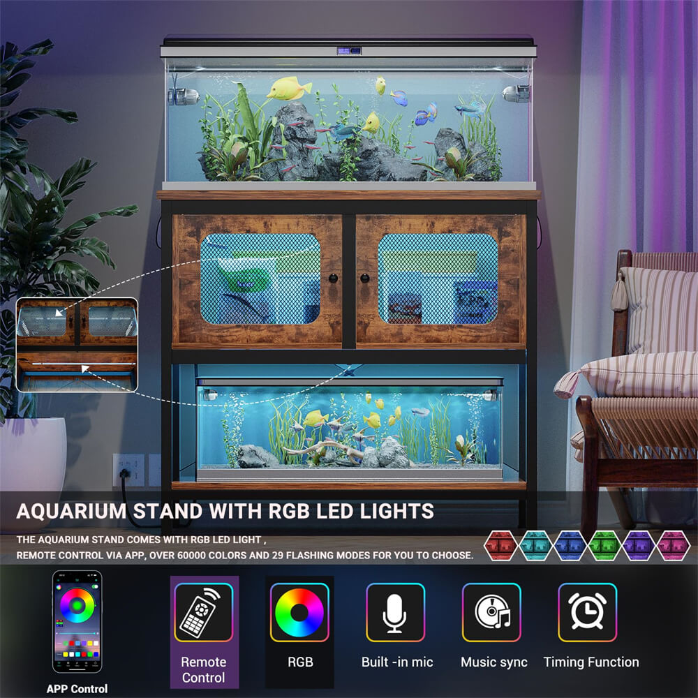 40 Gallon Fish Tank Stand with Power Outlets and RGB LED Lights