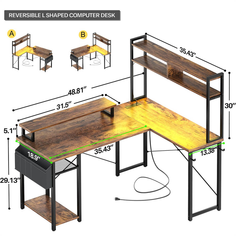 Small L Shaped Computer Desk with LED Lights & Power Outlets, Reversible Design, with Shelf, Side Storage Bag