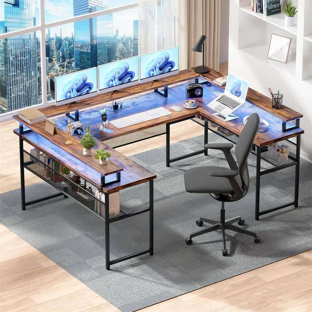 Unikito U Shaped Computer Desks, Reversible Office Desk with LED Strip and Power Outlets, L Shaped Table with Full Monitor Stand and Storage Shelves, 83 Inch Large U- Shape Gaming Desk