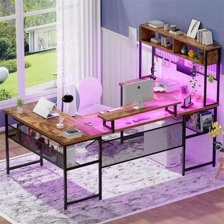 Unikito U Shaped Desk with Hutch, Reversible L Shaped Computer Desk with Power Outlets and LED Strip, Large Office Table with Monitor Stand and Storage Shelves, 83 Inch U Shape Gaming Desk
