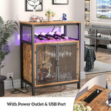 Unikito Wine Bar Cabinet with RGB Light and Outlet, FreeStanding Wine Rack Table, Liquor Cabinet with Glass Holder, Floor Bar Cabinet for Liquor and Glasses for Home Kitchen Dining Room