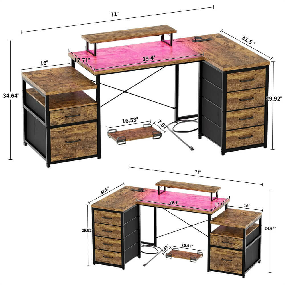 Unikito 70.8" Reversible L Shaped Computer Desk with Fabric File Drawers, Corner Desk with RGB LED Lights & Power Outlets & Monitor Stand, Large Gaming Desk for Home Office Workstation