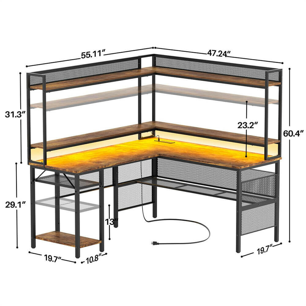 Unikito L Shaped Gaming Desk with Led Light, Reversible Computer Desk with Storage Shelves & Monitor Stand, L Shaped Desk with Power Outlet, Industrial 2 Person Corner Desk for Home Office