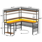 Unikito L Shaped Gaming Desk with Led Light, Reversible Computer Desk with Storage Shelves & Monitor Stand, L Shaped Desk with Power Outlet, Industrial 2 Person Corner Desk for Home Office