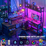 Unikito L Shaped Desk with Hutch, Gaming Desk with Led Lights, Reversible Computer Desk with Power Outlet, Corner Desk with File Drawer & Monitor Stand, Storage Shelves for Home