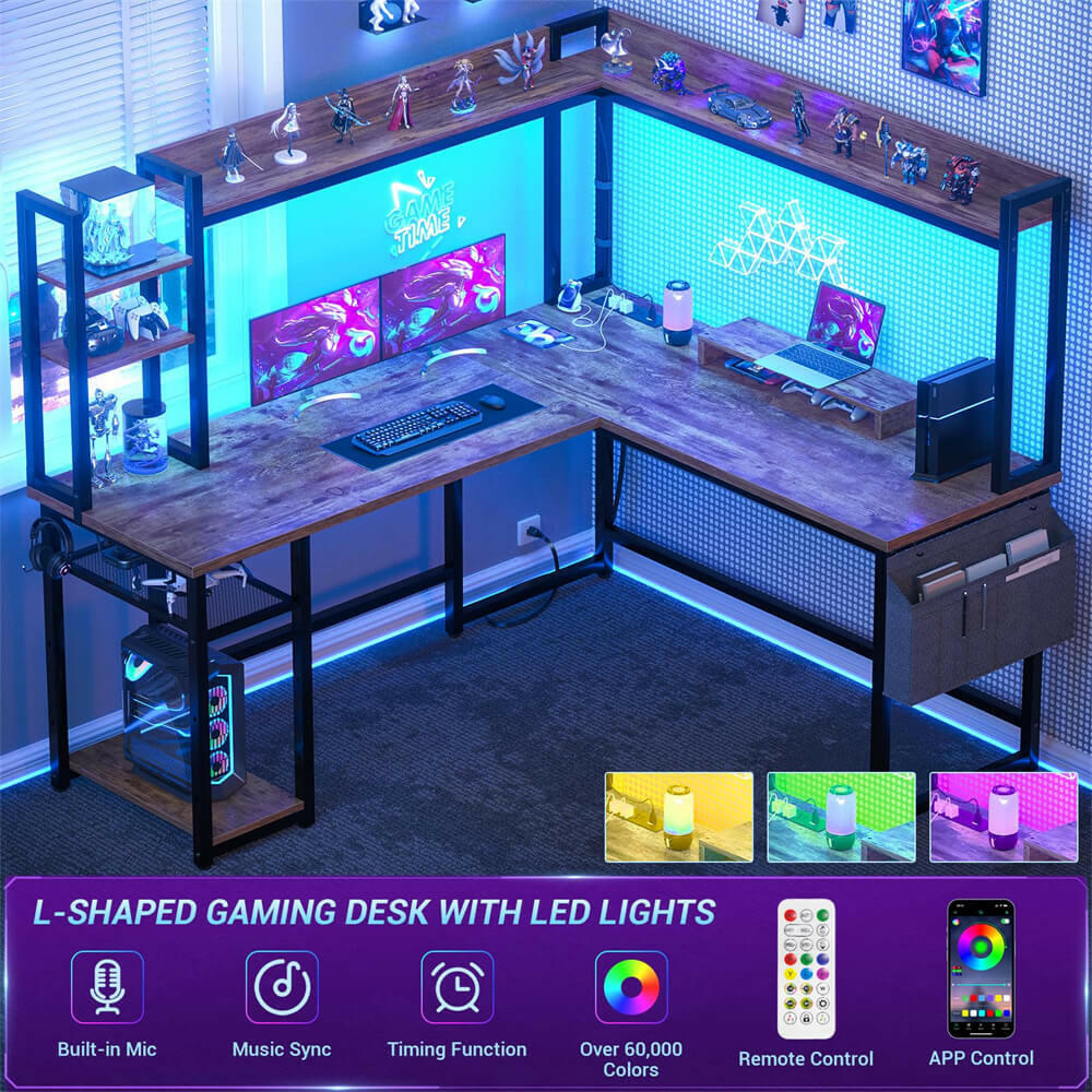 Unikito L Shaped Desk with Power Outlet, L Shaped Gaming Desk with Led Light & Hutch, Reversible Home Office Desk, Corner Computer Desk Writing Desk with Monitor Stand & Storage Shelves