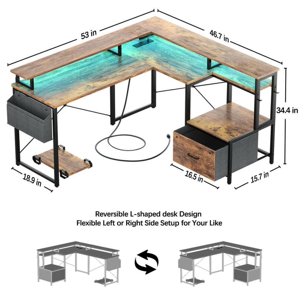 Unikito L Shaped Desk with Power Outlet and LED Strip, Reversible L Shaped Computer Desk with File Drawer, Corner Desk for Gaming Writing, Home Office Desk with Monitor Shelf