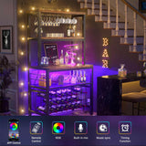 Unikito Wine Bar Cabinet with RGB LED Light and Outlet, FreeStanding Wine Rack Table, Floor Liquor Cabinet with Glass Holder, Floor Bar Cabinet with Wine Rack for Home Kitchen Dining Room