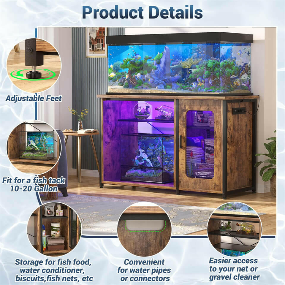 Unikito 55-75 Gallon Aquarium Stand with Power Outlets & LED Light, Reversible Fish Tank Stand with Cabinet for Fish Tank Accessories Storage, Heavy Duty Metal Frame, 880LBS Capacity