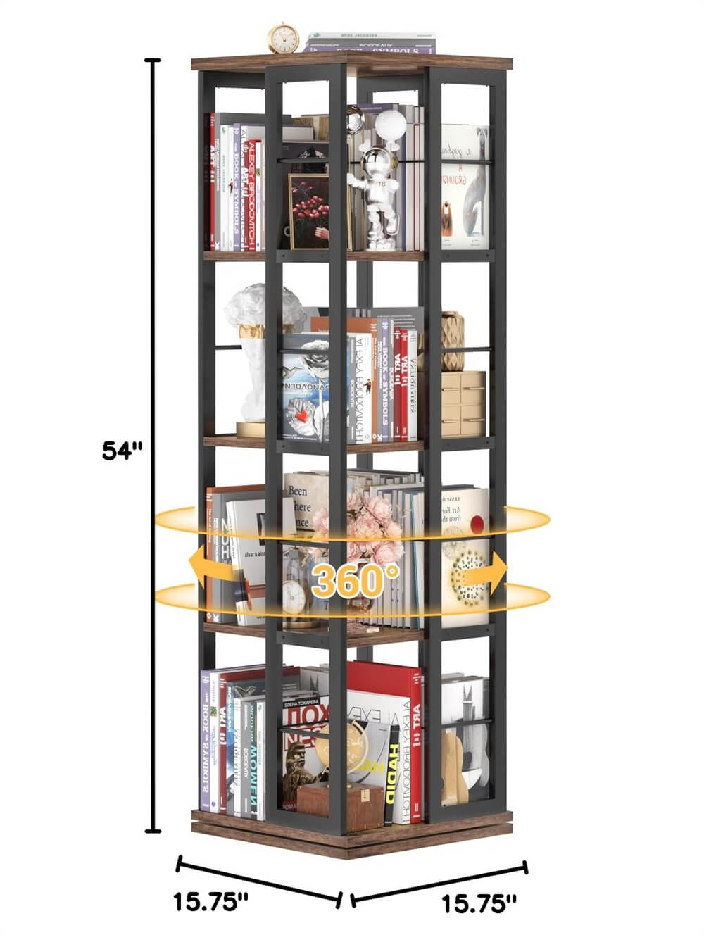 Wooden & Metal Rotating Bookshelf, Corner Bookshelf, 360 Display, for Small Space, Bed Room, Study Room