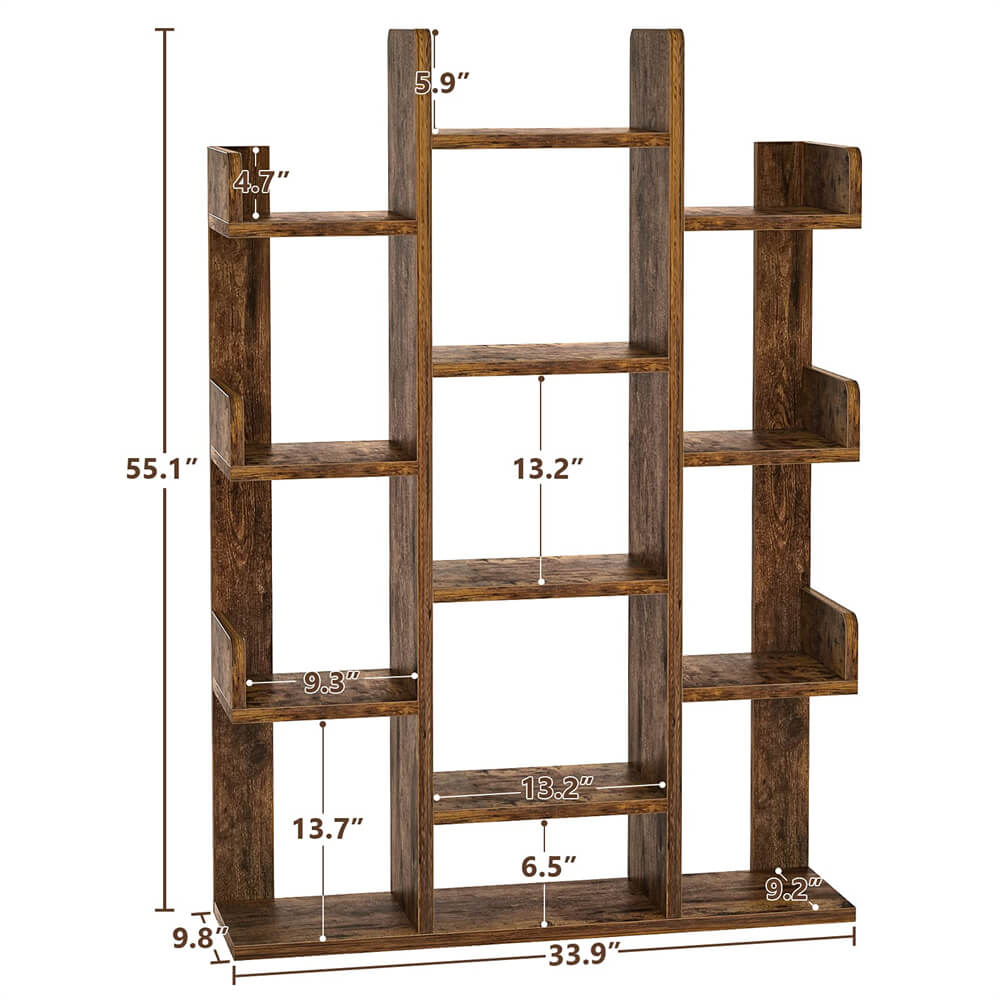 Tall Wooden Bookshelf, Tree-Shaped Bookcase Storage Shelf with 13 Compartments