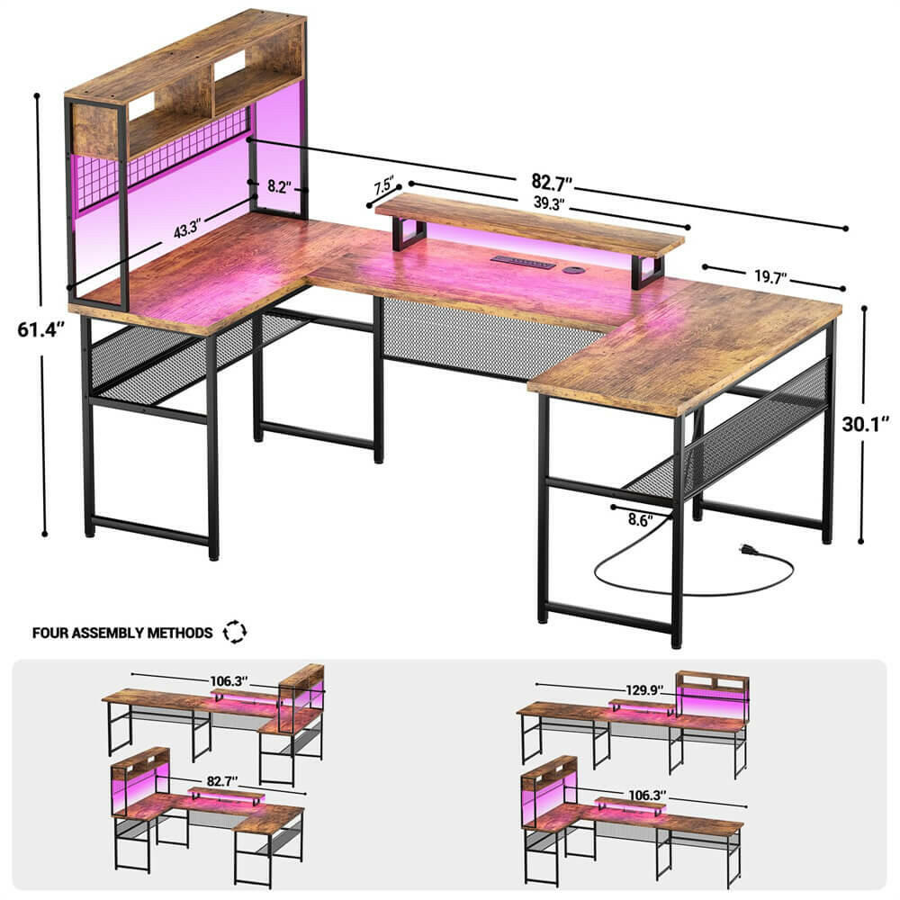 Unikito U Shaped Desk with Hutch, Reversible L Shaped Computer Desk with Power Outlets and LED Strip, Large Office Table with Monitor Stand and Storage Shelves, 83 Inch U Shape Gaming Desk