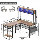 Unikito L Shaped Computer Desk with LED Strip and Power Outlets, Reversible L-Shaped Corner Desk with Storage Shelves and Bag, Industrial Home Office Desk Gaming Table with USB Port