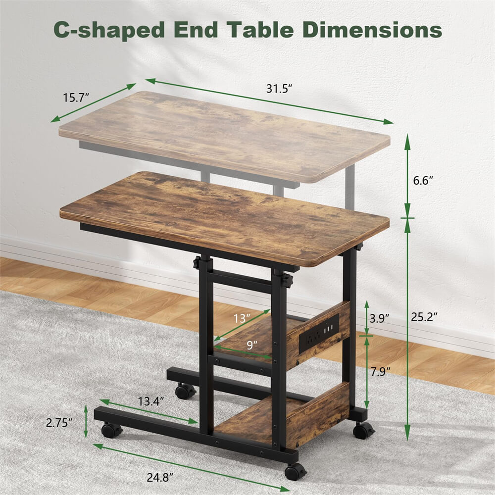 2-Tier Height Adjustable C Shaped End Table with Charging Station, with USB Ports and Wheels