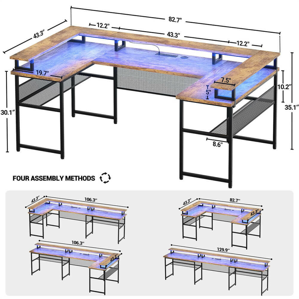 Unikito U Shaped Computer Desks, Reversible Office Desk with LED Strip and Power Outlets, L Shaped Table with Full Monitor Stand and Storage Shelves, 83 Inch Large U- Shape Gaming Desk