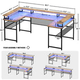 Unikito U Shaped Computer Desks, Reversible Office Desk with LED Strip and Power Outlets, L Shaped Table with Full Monitor Stand and Storage Shelves, 83 Inch Large U- Shape Gaming Desk