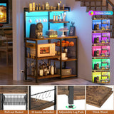 Unikito Bakers Rack with Power Outlet and LED Light Strings, Microwave Oven Stand Kitchen Storage Shelf with Wire Basket, Coffee Bar Station Island Table with 10 Hooks for Spices, Pots