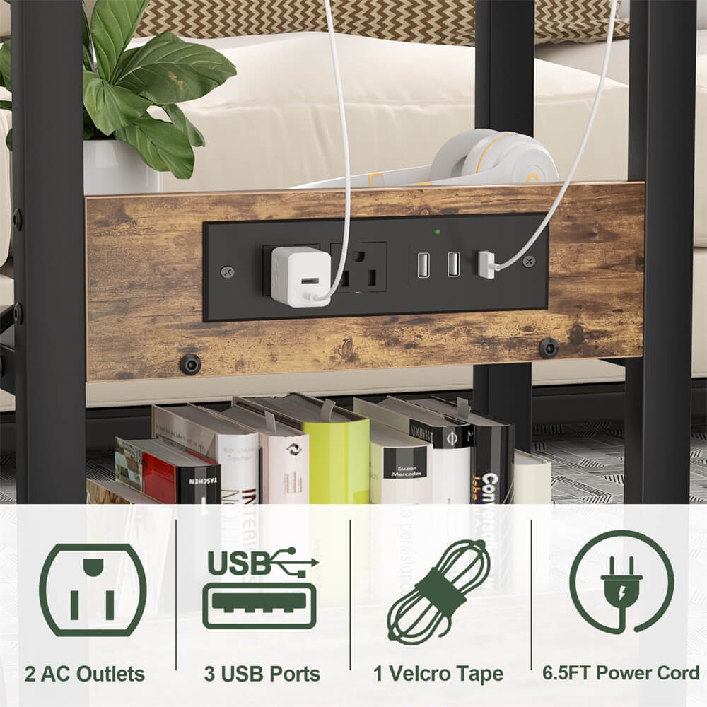 2-Tier Height Adjustable C Shaped End Table with Charging Station, with USB Ports and Wheels