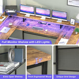 Unikito U Shaped Computer Desks, Reversible Office Desk with LED Strip and Power Outlets, L Shaped Table with Full Monitor Stand and Storage Shelves, 83 Inch Large U- Shape Gaming Desk