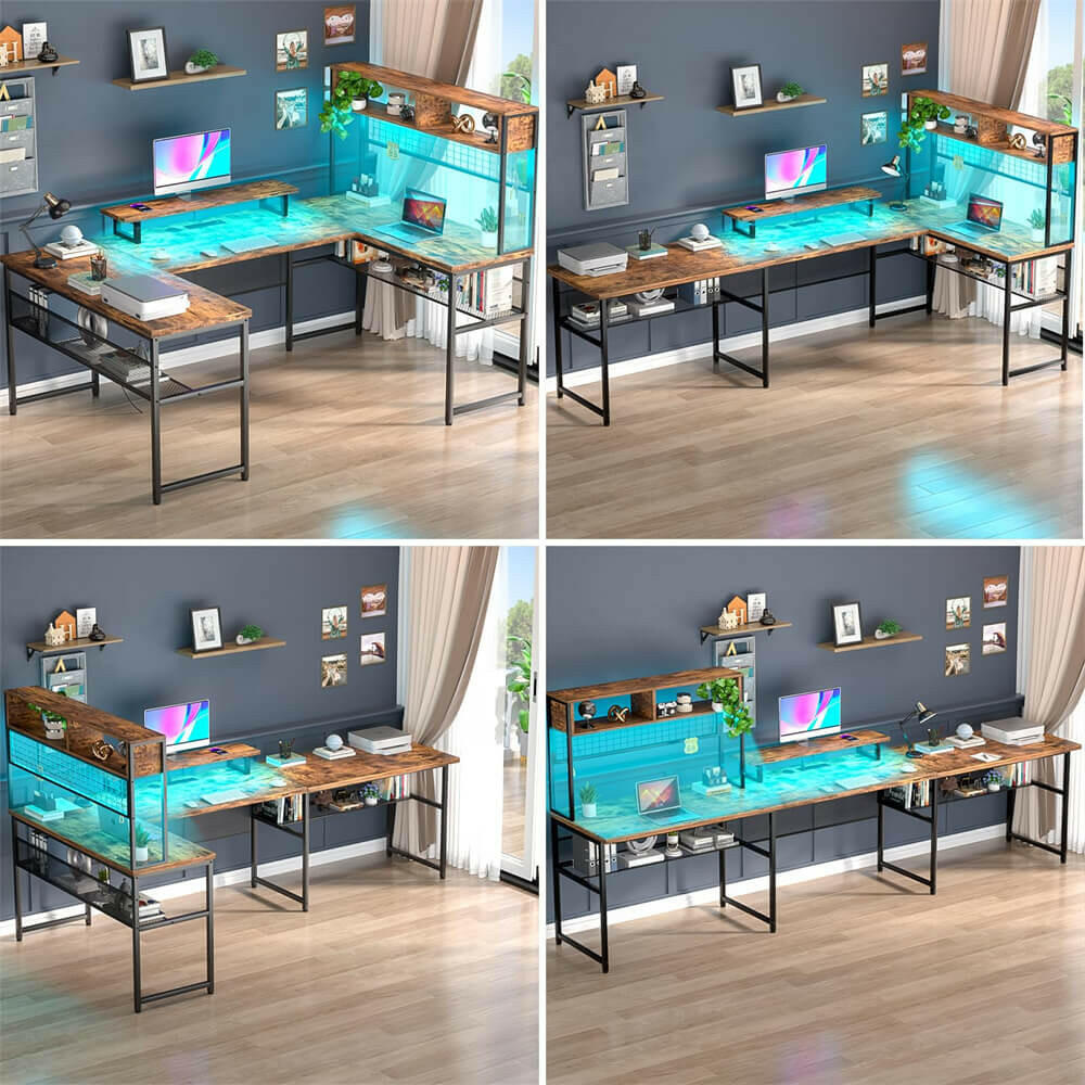 Unikito U Shaped Desk with Hutch, Reversible L Shaped Computer Desk with Power Outlets and LED Strip, Large Office Table with Monitor Stand and Storage Shelves, 83 Inch U Shape Gaming Desk