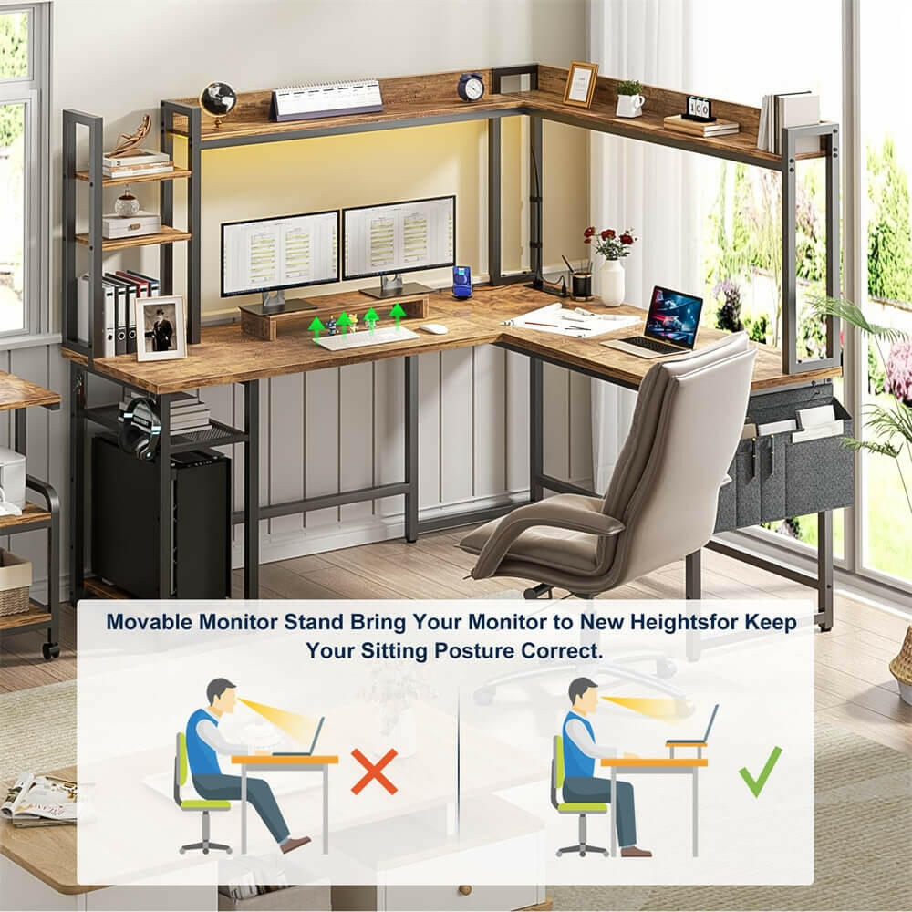 Unikito L Shaped Desk with Power Outlet, L Shaped Gaming Desk with Led Light & Hutch, Reversible Home Office Desk, Corner Computer Desk Writing Desk with Monitor Stand & Storage Shelves