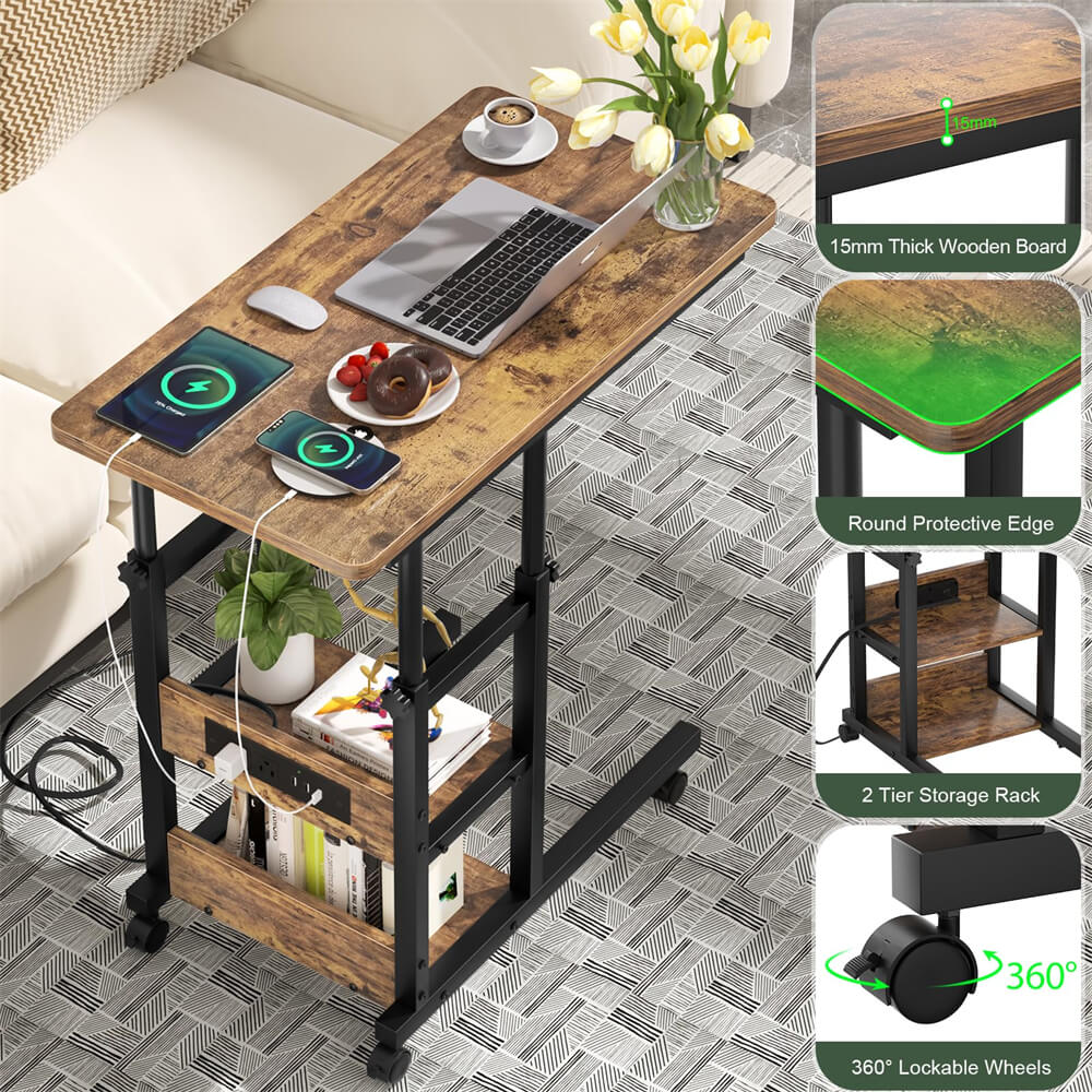 2-Tier Height Adjustable C Shaped End Table with Charging Station, with USB Ports and Wheels