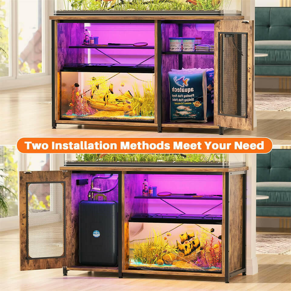 Unikito 55-75 Gallon Aquarium Stand with Power Outlets & LED Light, Reversible Fish Tank Stand with Cabinet for Fish Tank Accessories Storage, Heavy Duty Metal Frame, 880LBS Capacity