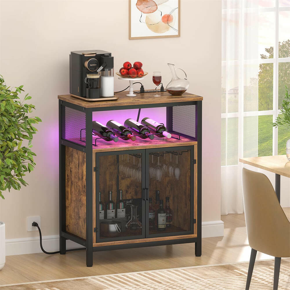 Unikito Wine Bar Cabinet with RGB Light and Outlet, FreeStanding Wine Rack Table, Liquor Cabinet with Glass Holder, Floor Bar Cabinet for Liquor and Glasses for Home Kitchen Dining Room